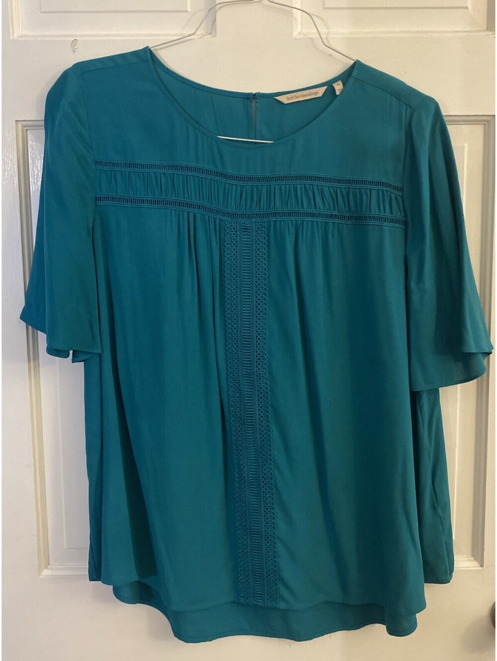 Soft Surroundings Dainty Women's Teal Rayon Crochet Lace Trim Blouse Top Size XL